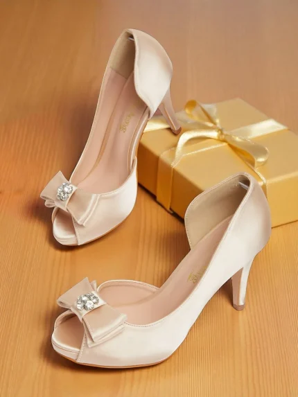 Women's Champagne Satin Peep Toe Heels with Bow and Rhinestone - Elegant Mid Heel Pumps for Cocktail Parties and Formal Events