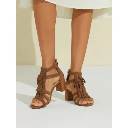 Women's Brown Suede Tassel Ankle Strap Block Heel Sandals | Boho Chic Summer Footwear