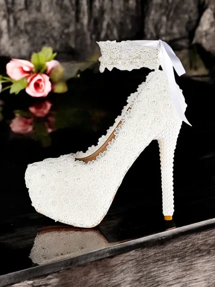 Women's White Lace and Pearl Embellished High Heel Platform Wedding Shoes with Ribbon Anklets for Bridal and Formal Ceremonies