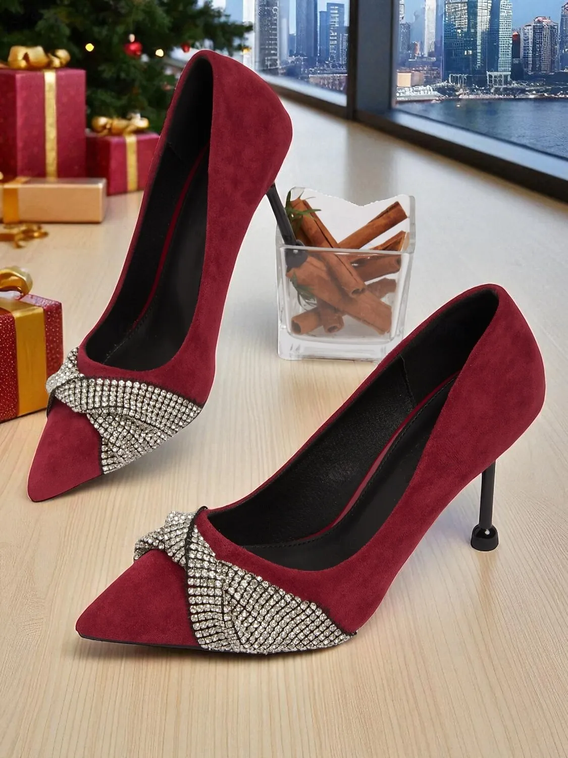 kspivr1759316300789.webp Women's Burgundy Suede Pointed Toe Heels with Rhinestone Bow, Elegant Mid Heel Pumps for Christmas Party & Cocktail Events - Image 1