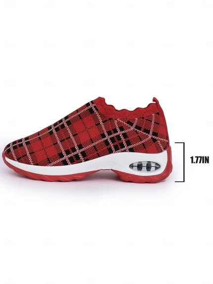 Women's Red Plaid Slip-On Sneakers with Air Cushion Sole, Comfortable Lightweight Casual Shoes for Christmas, Walking and Travel