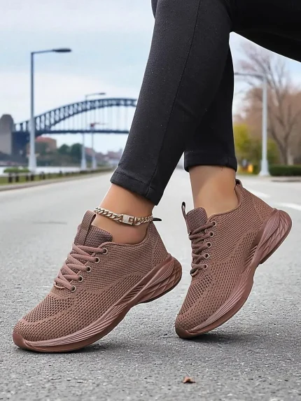 Women's Coffee Flyknit Lace-Up Sneakers with Breathable Mesh Upper and Cushioned Sole, Lightweight Casual Walking Shoes for Running, Travel & Everyday Wear