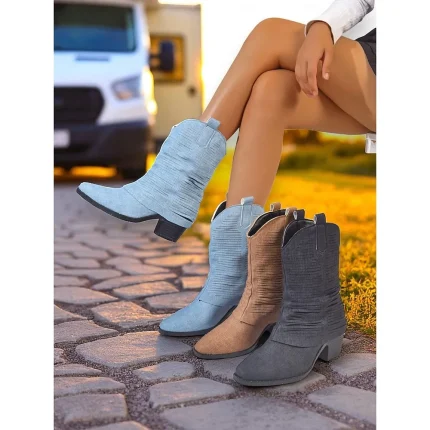 Women's Denim Western Cowboy Boots - Fashion Mid-Calf Pointed Toe Pull-On Cowgirl Boots for Rodeo, Country Concerts & Outdoor Festivals