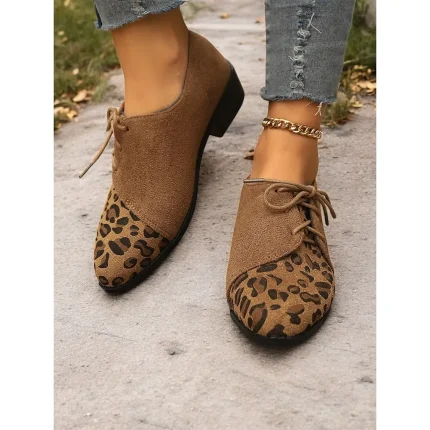 Brown Faux Suede Leopard Print Oxford Shoes - Stylish Lace-Up Flats for Women, Perfect for Casual and Vintage Looks