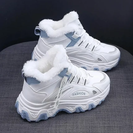 Women's White Winter Sneakers with Plush Lining and Chunky Sole - Warm High-Top Athletic Shoes for Cold Weather