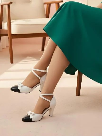 Women's Blue and Black Faux Leather Ankle Strap Heels with Bow - 1950s Vintage Retro Mary Jane Style Dress Shoes for Ladies, Perfect for Weddings, Parties & Formal Outfits