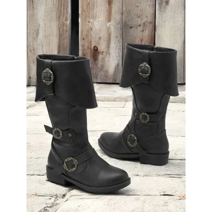 Women's Vintage Mid-Calf Witch Boots with Decorative Buckles and Folded Cuff - Vintage Pirate Style Cosplay Costume Shoes