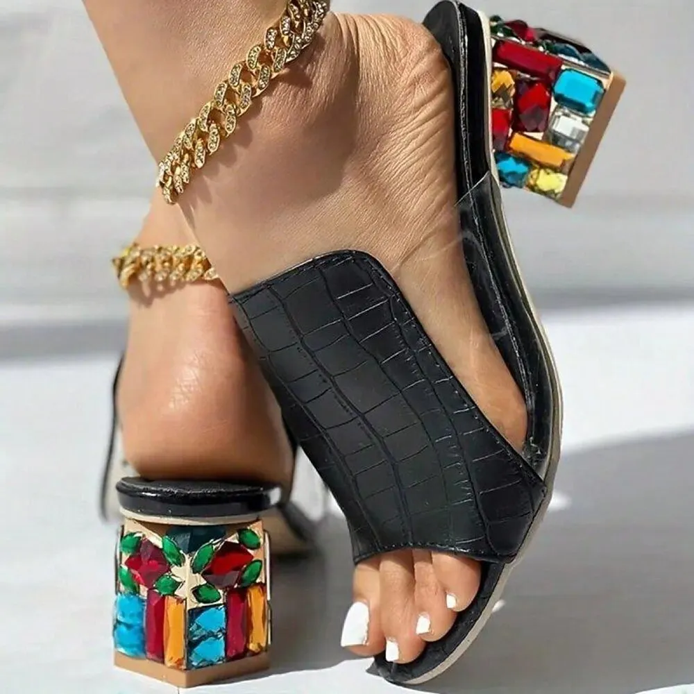 yabiqd1718855701169cover15071148egkbc.webp Women's White Croc-Embossed Open-Toe Sandals – Chic Slip-On Block Heels with Colorful Rhinestone Embellishments for Party & Summer Wear - Image 1