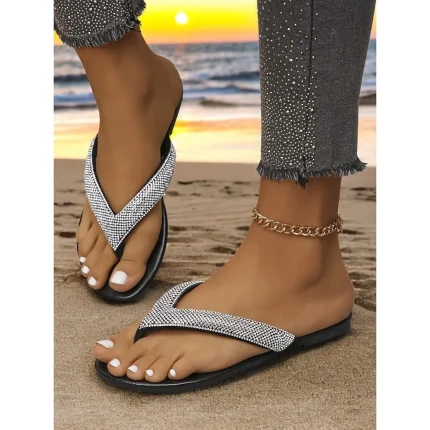 Women's Rhinestone Embellished Flip Flop Sandals – Stylish and Comfortable Casual Sandals for Summer, Beach, and Vacation