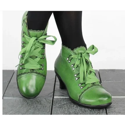Women's Victorian Green Lace-Up Ankle Boots - Perfect for Vintage Themed Events and Unique Everyday Style