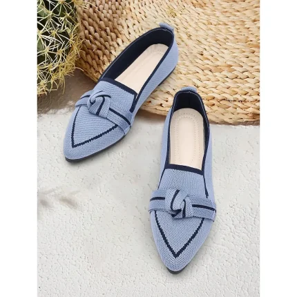 Women's Blue Knit Pointed Toe Flats with Bow – Comfortable Slip-On Loafers for Casual and Everyday Wear